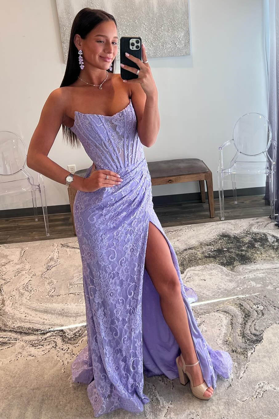 Lavender Prom Dress Strapless Lace Ruched Mermaid Evening Dress With Split