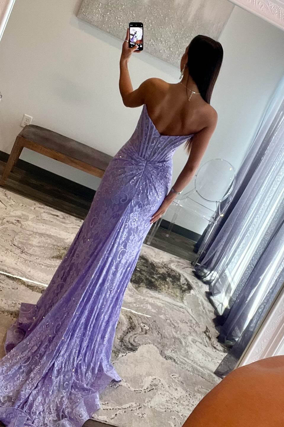 Lavender Prom Dress Strapless Lace Ruched Mermaid Evening Dress With Split