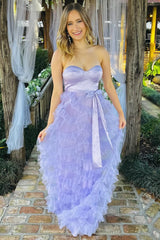 Lavender Prom Dress Sweetheart Neck Bow Belt A Line Evening Dress