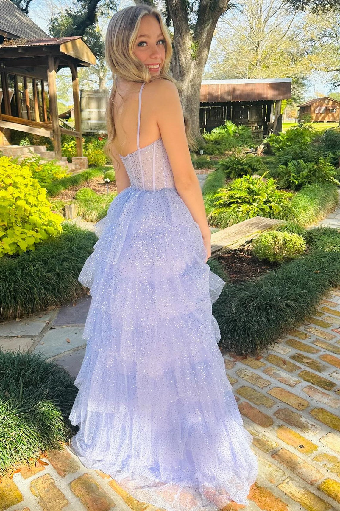 Lavender Prom Dress Tulle Sequin Ruffle Tiered Long Evening Dress