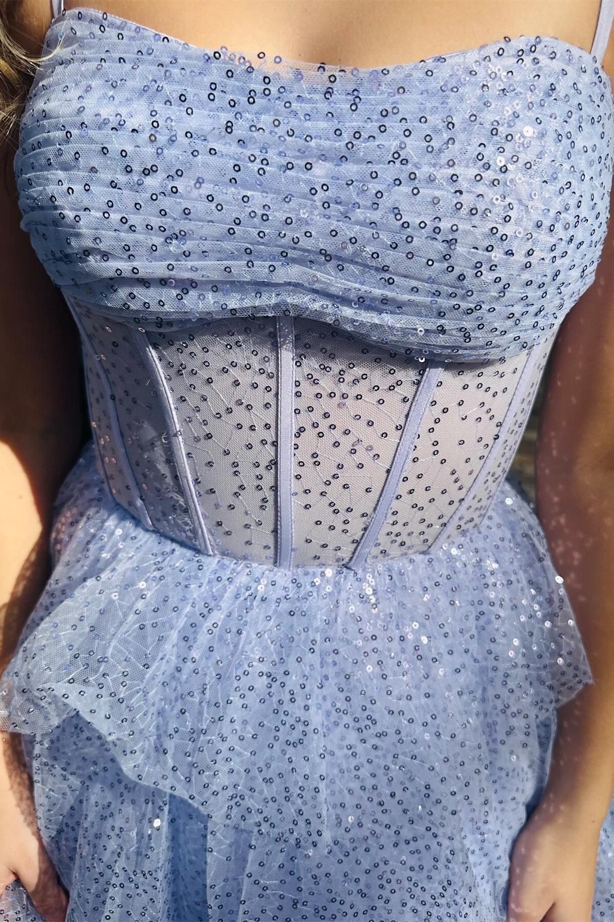 Lavender Prom Dress Tulle Sequin Ruffle Tiered Long Evening Dress