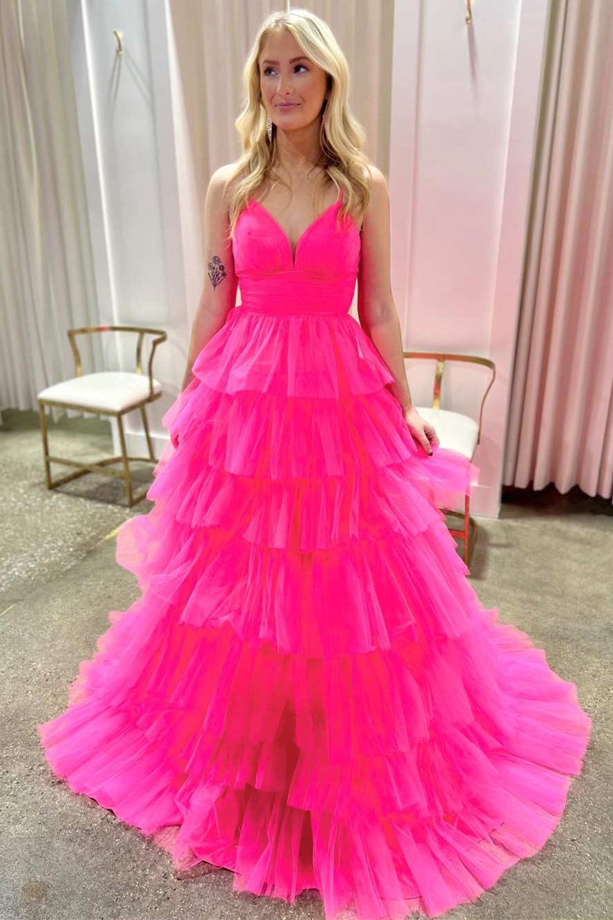 Lavender Prom Dress V Neck Ruffle Tiered Long Prom Gown Evening Dress