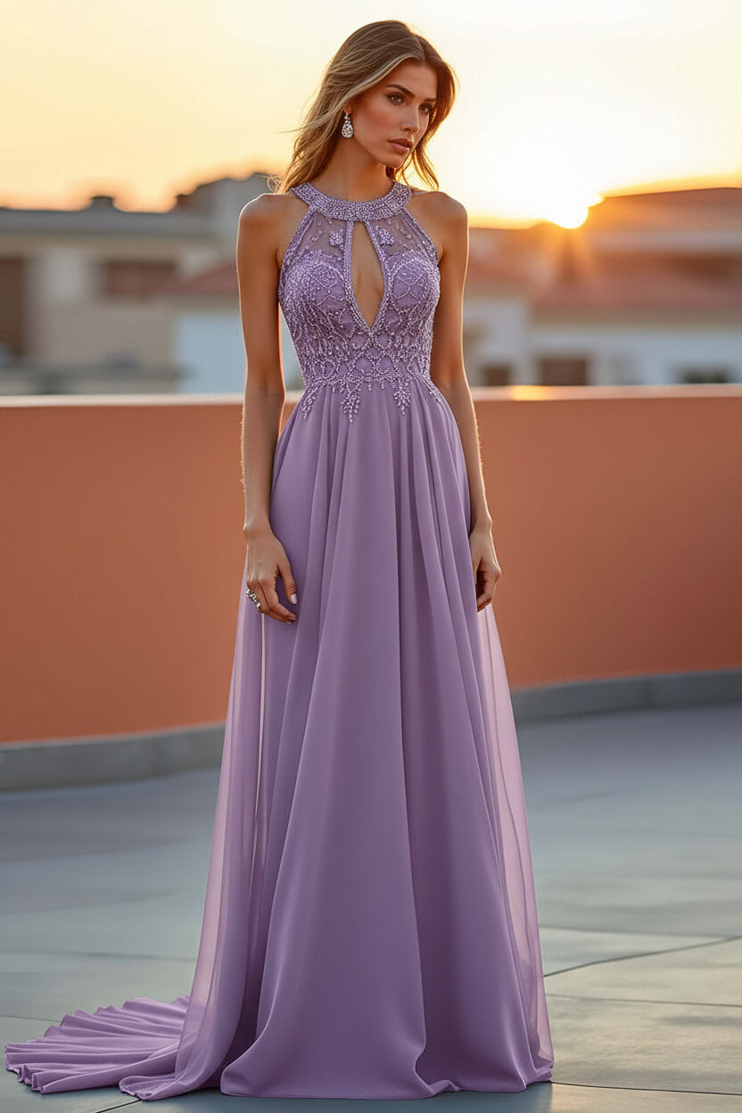 Dressystars Beaded Navy Wedding Guest Dress Halter Long Formal Dress With Embroideries