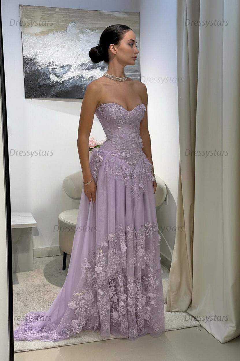 Yellow Lace A Line Prom Dress Sweetheart Lace Appliqued Formal Dress with 3D Flowers