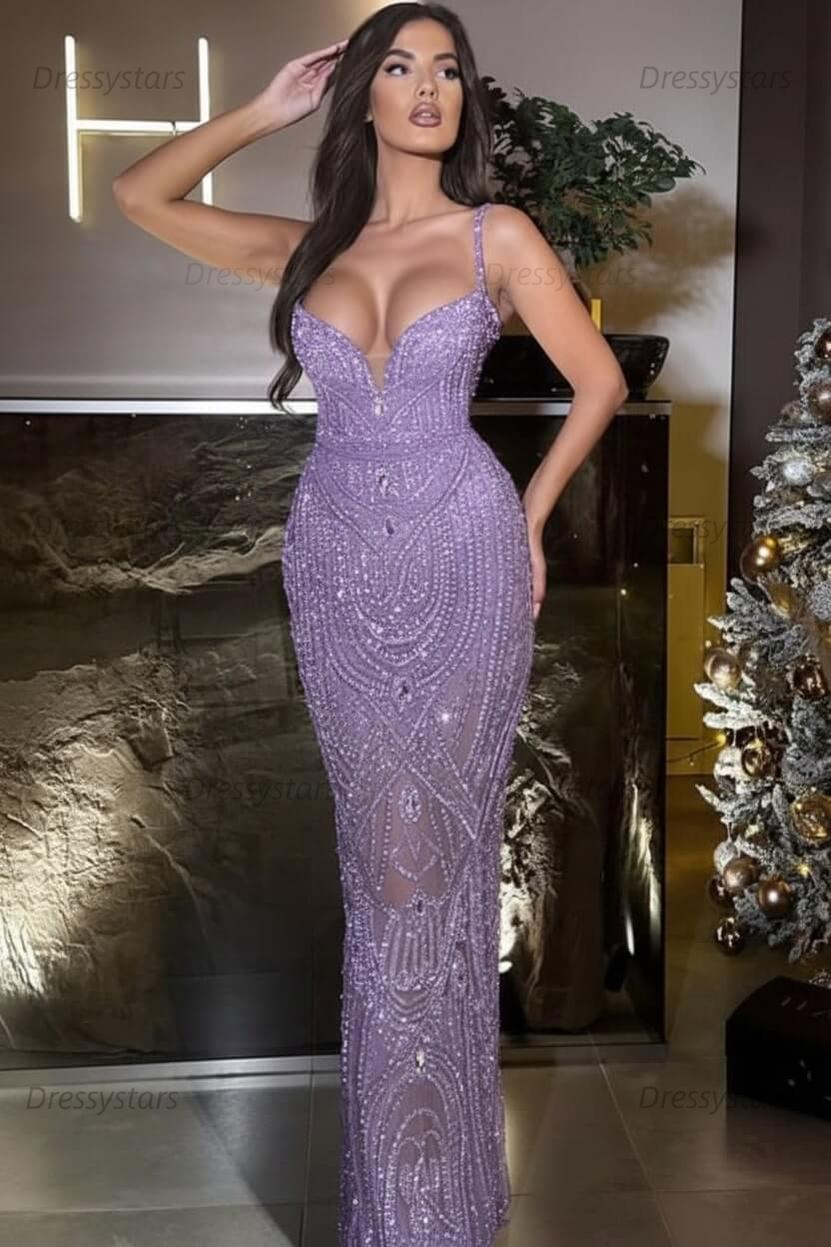 Silver Mermaid Prom Dress Sleeveless Spaghetti Straps Formal Dress With Beadings and Rhinestones
