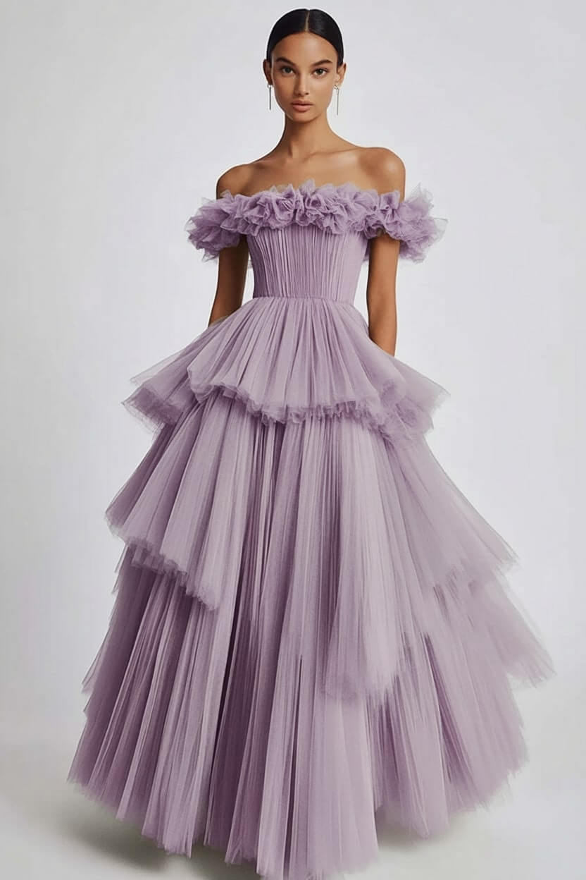 Dusty Sage Formal Dress Tulle Off The Shoulder Ball Gown Wedding Guest Dress With Ruffles