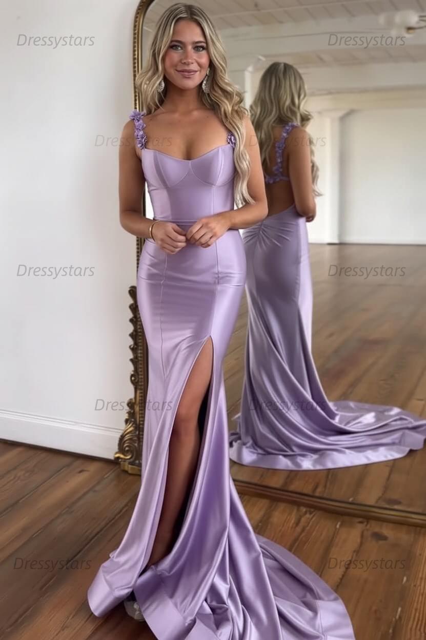 Red Prom Dress Spaghetti Straps Mermaid Satin Long Evening Dress with Slit