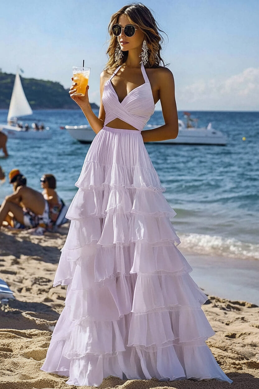 Dressystars Halter Tiered White 2 Piece Ruffled Formal Dress