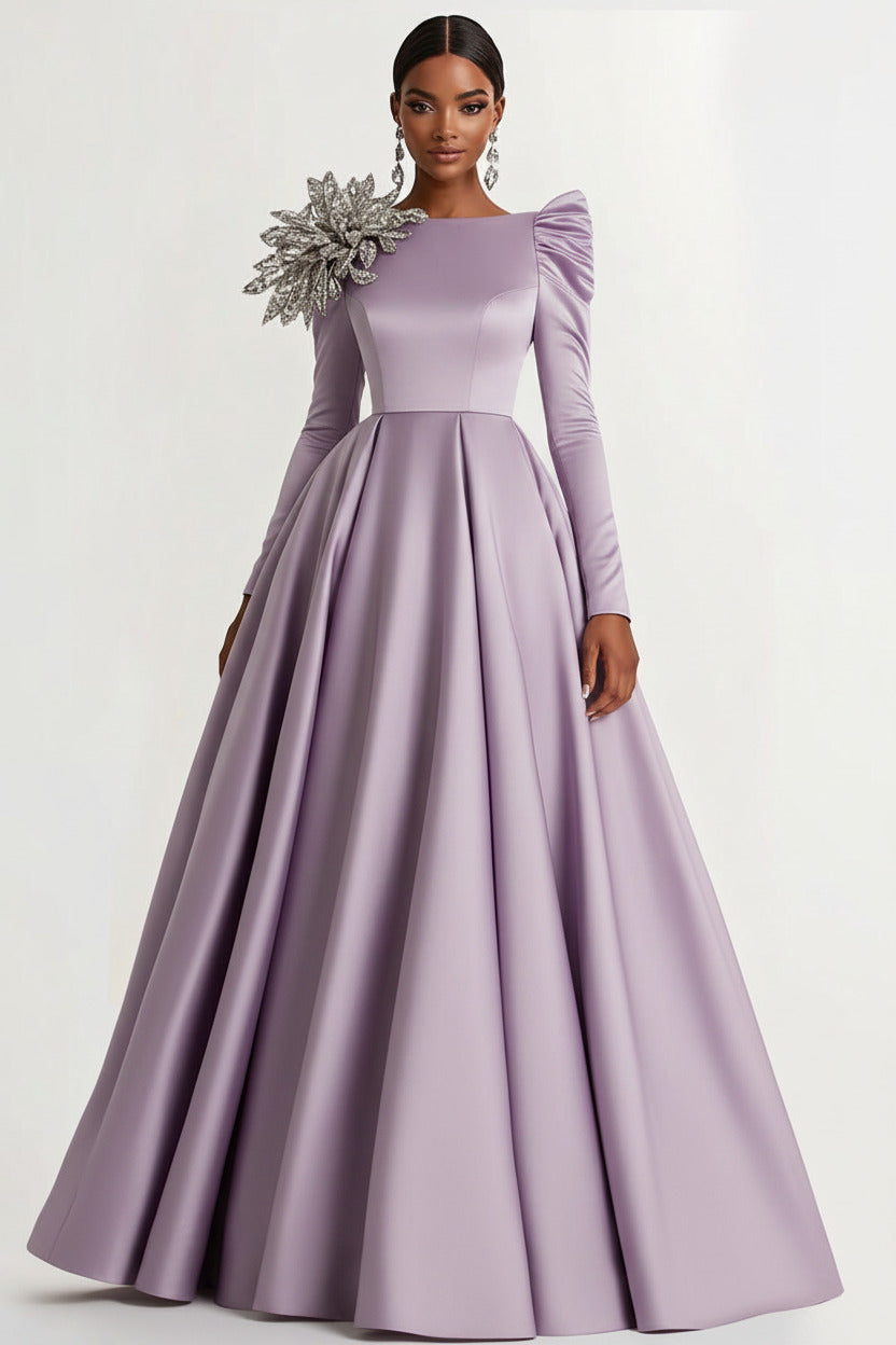 Dressystars A-Line Long Black Wedding Guest Dress Satin Boat Neck Formal Dress With Long Sleeves