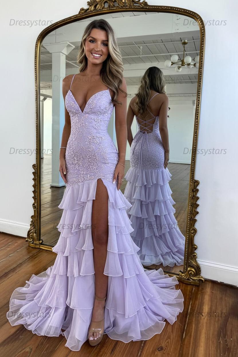 Dressystars Yellow Mermaid Spaghetti Straps Lace Up Long Prom Dress With Ruffle Skirt Formal Evening Gown