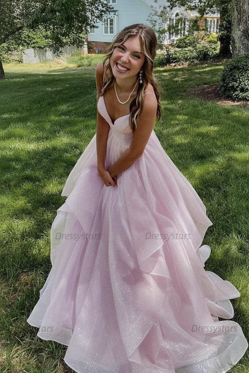 Pink Prom Dress V Neck Tulle Long Formal Evening Dress