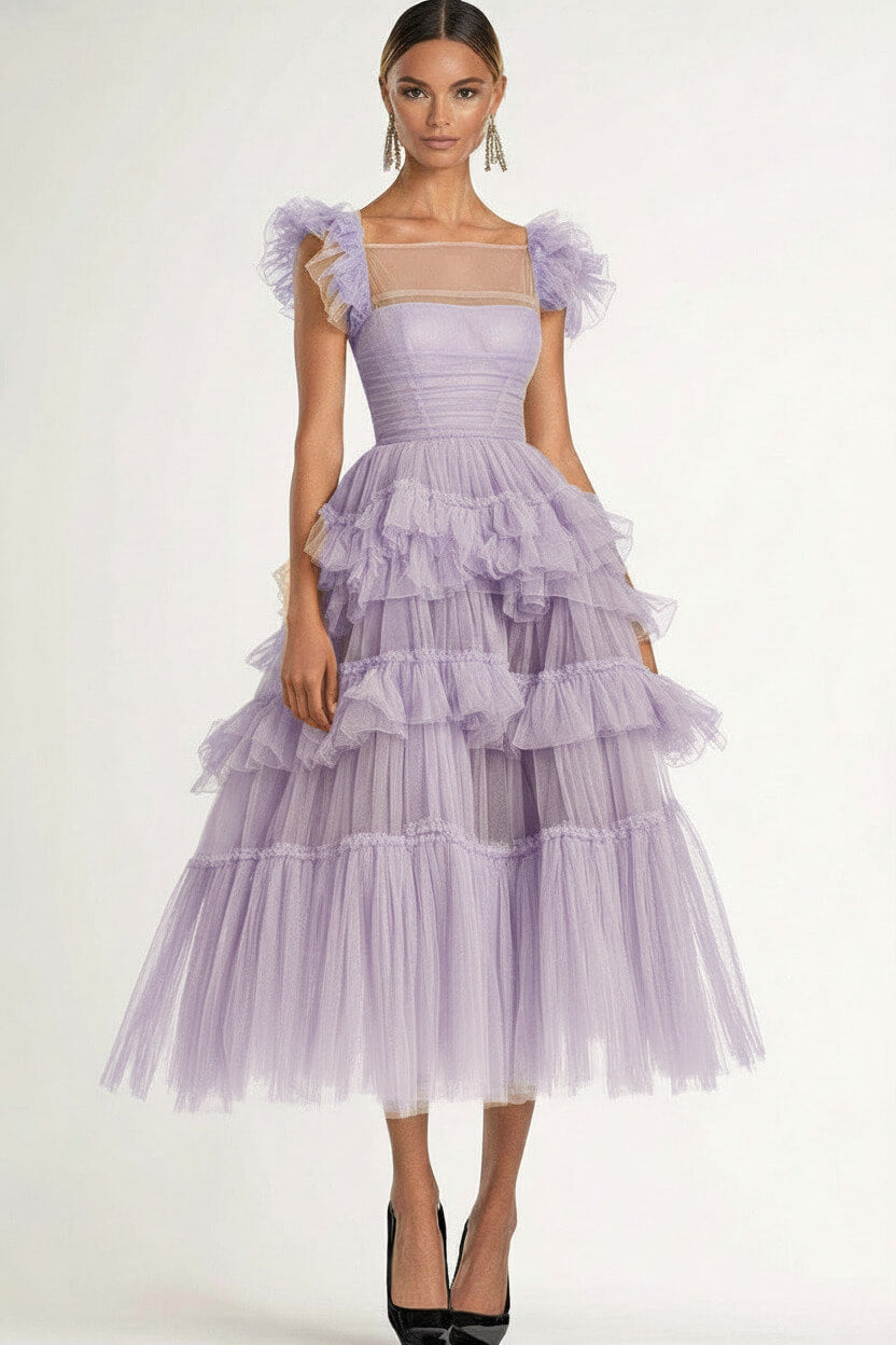 Dressystars Tea Length Black Wedding Guest Dress A-Line Flatter Sleeves Tulle Formal Dress With Ruffles