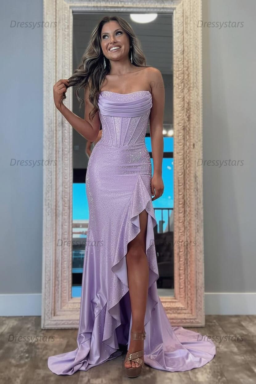 Orange Prom Dress Strapless Corset Long Evening Dress with Slit