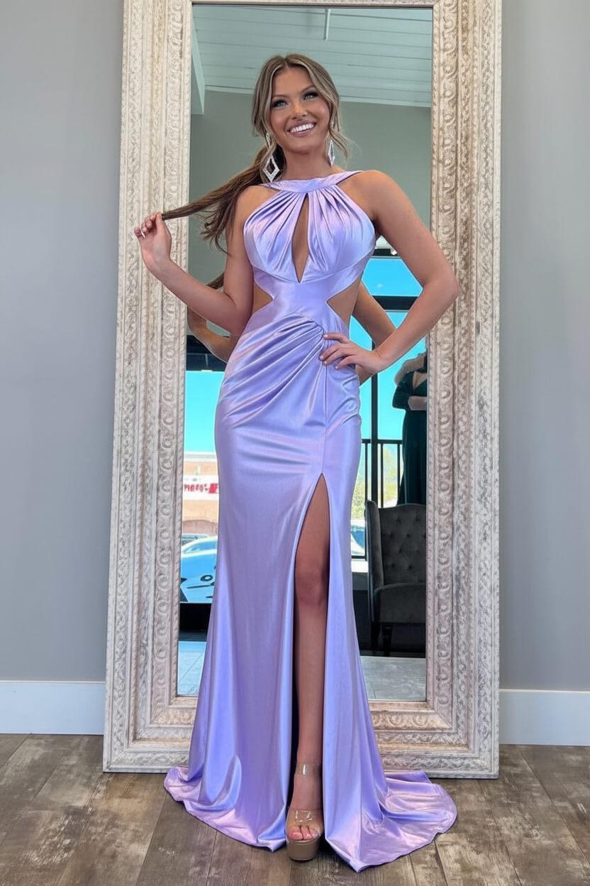 Fuchsia Metallic Mermaid Prom Dress With Slit And Open Back Formal Evening Gown