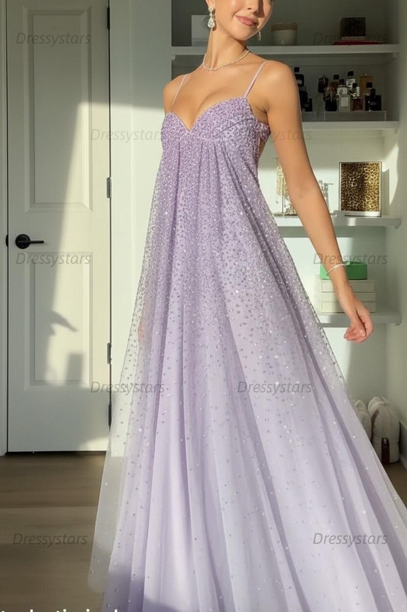 Dressystars Bling A Line Spaghetti Straps Grey Blue Long Party Dress With Beading Formal Evening Gown