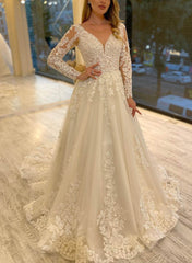Lavish Lace V Neck Long Sleeves A Line Bridal Gowns