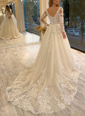 Lavish Lace V Neck Long Sleeves A Line Bridal Gowns