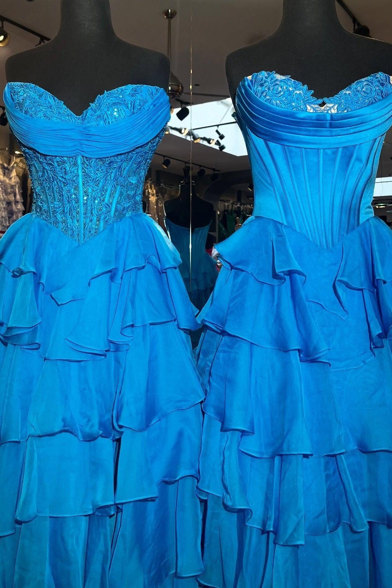 Dressystars Layered Ruffle A-Line Prom Dress With Embellished Lace Bodice And Leg Slit Formal Evening Gown