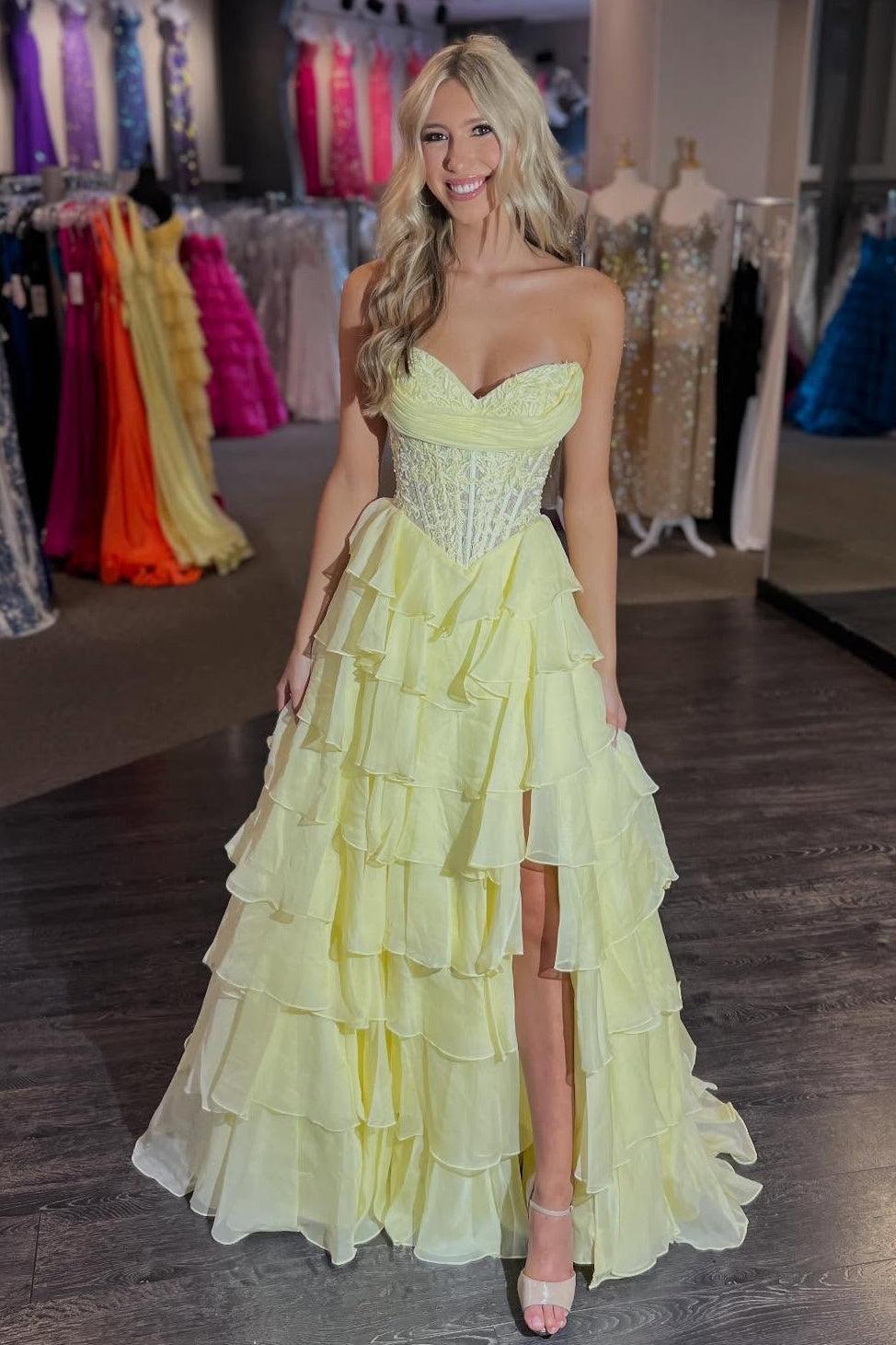 Dressystars Layered Ruffle A-Line Prom Dress With Embellished Lace Bodice And Leg Slit Formal Evening Gown