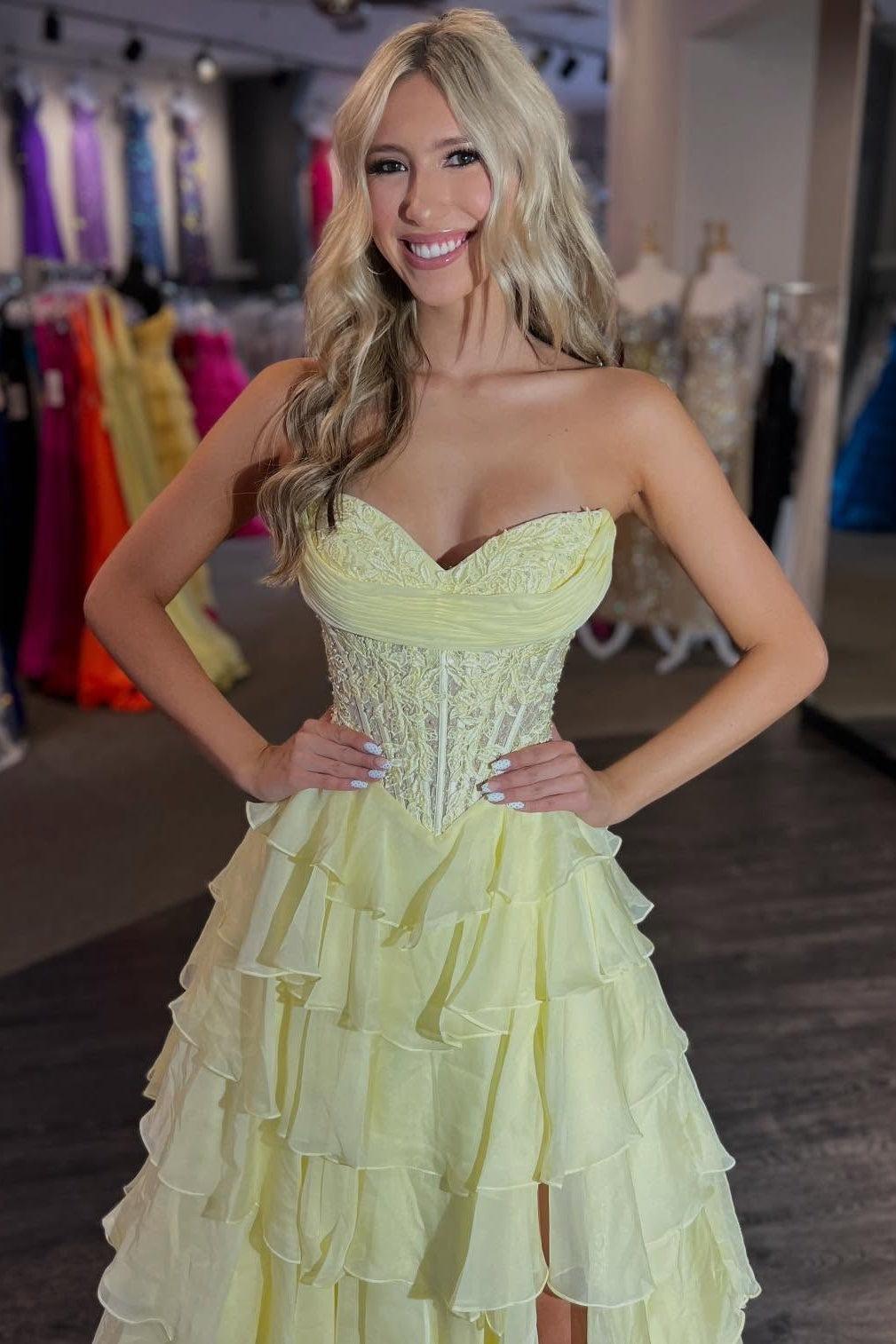 Dressystars Layered Ruffle A-Line Prom Dress With Embellished Lace Bodice And Leg Slit Formal Evening Gown