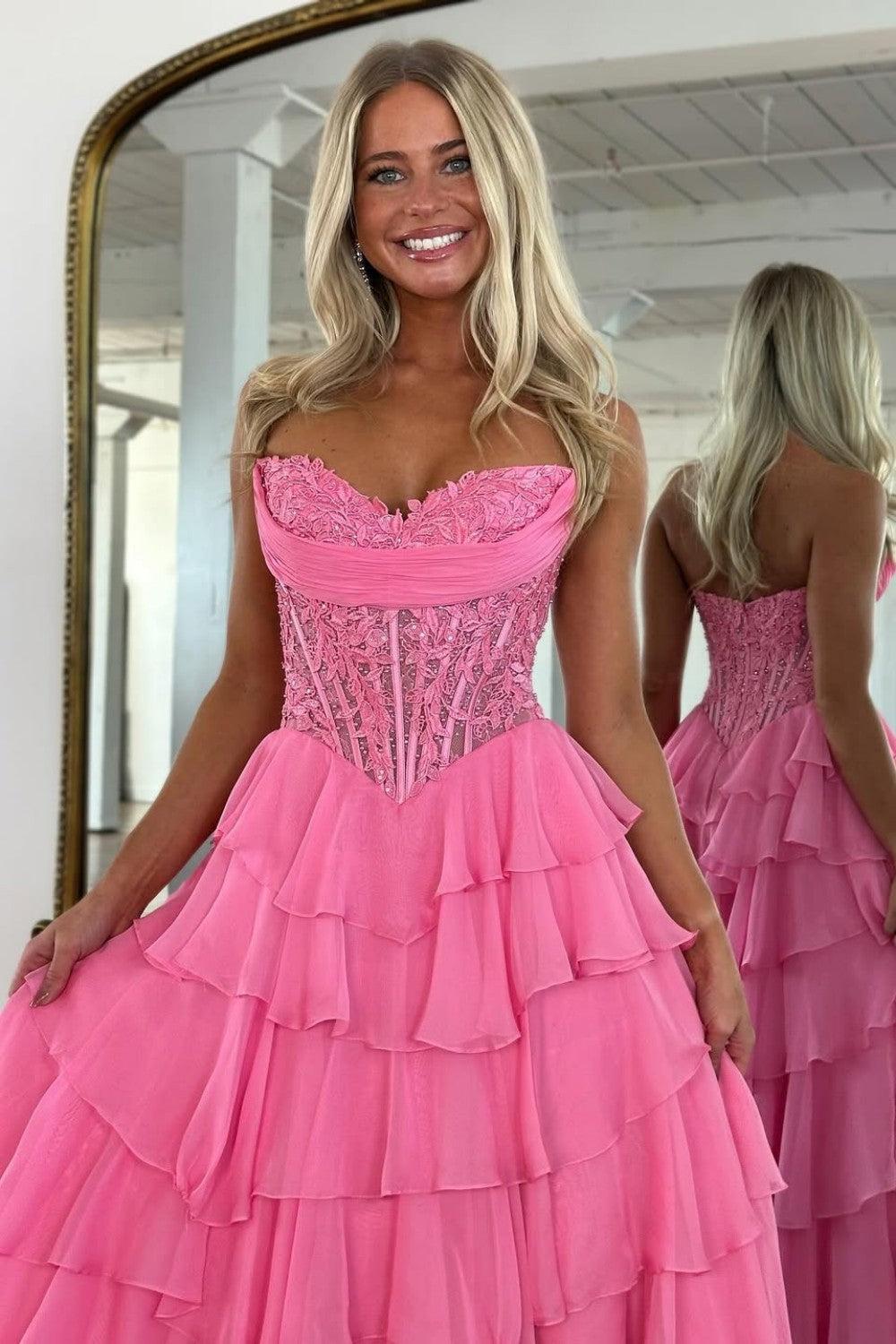 Dressystars Layered Ruffle A-Line Prom Dress With Embellished Lace Bodice And Leg Slit Formal Evening Gown