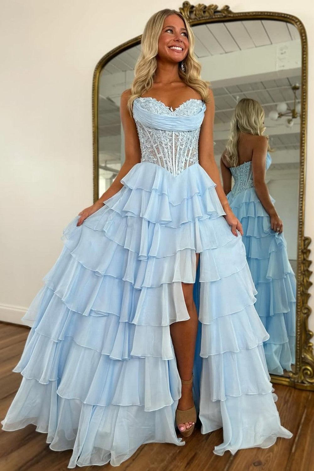 Dressystars Layered Ruffle A-Line Prom Dress With Embellished Lace Bodice And Leg Slit Formal Evening Gown