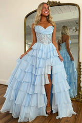 Dressystars Layered Ruffle A-Line Prom Dress With Embellished Lace Bodice And Leg Slit Formal Evening Gown