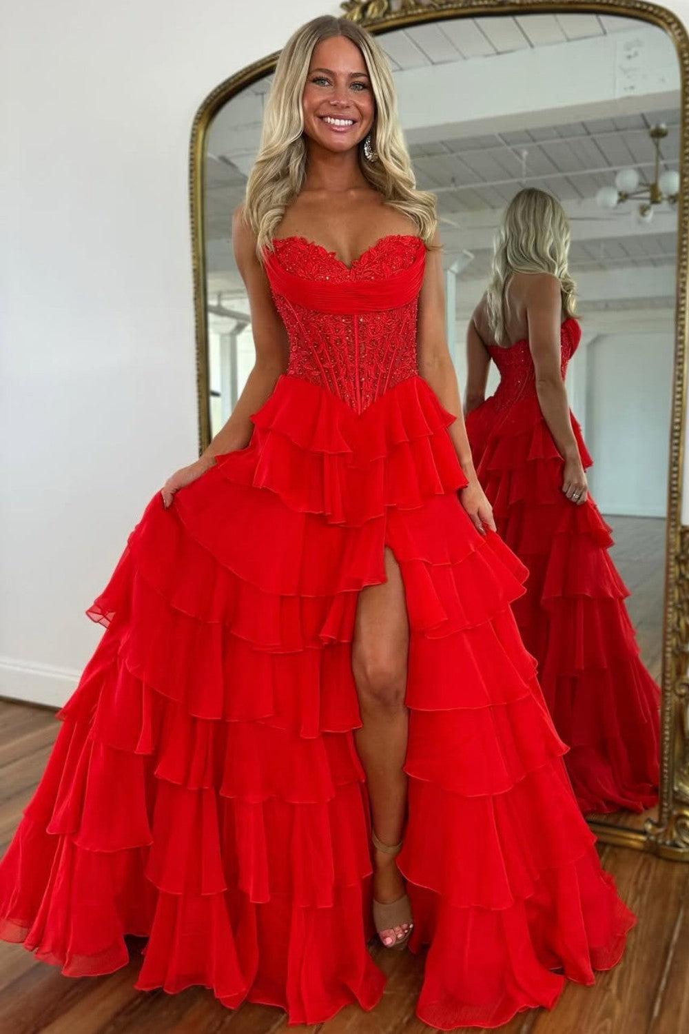 Dressystars Layered Ruffle A-Line Prom Dress With Embellished Lace Bodice And Leg Slit Formal Evening Gown
