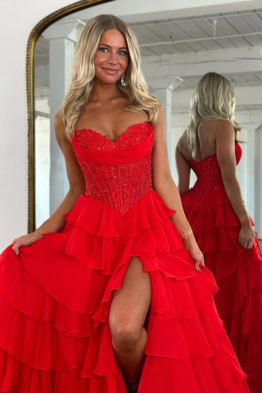 Dressystars Layered Ruffle A-Line Prom Dress With Embellished Lace Bodice And Leg Slit Formal Evening Gown