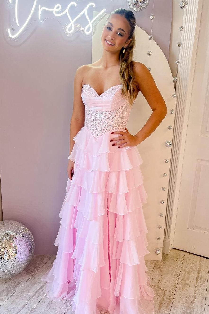 Dressystars Layered Ruffle A-Line Prom Dress With Embellished Lace Bodice And Leg Slit Formal Evening Gown