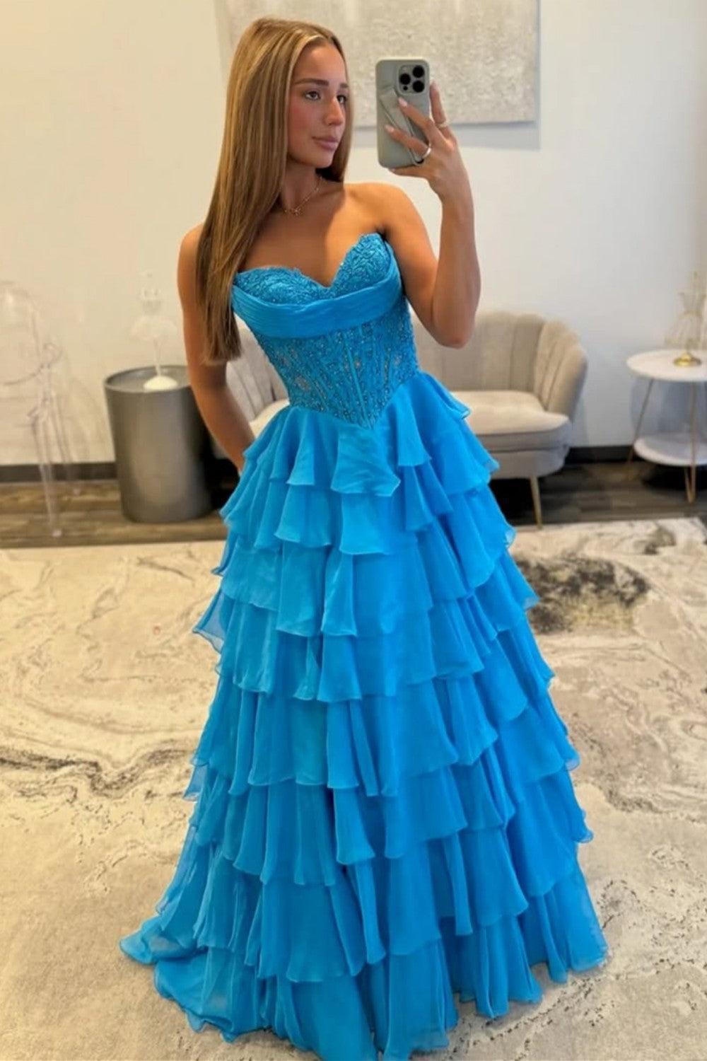 Dressystars Layered Ruffle A-Line Prom Dress With Embellished Lace Bodice And Leg Slit Formal Evening Gown