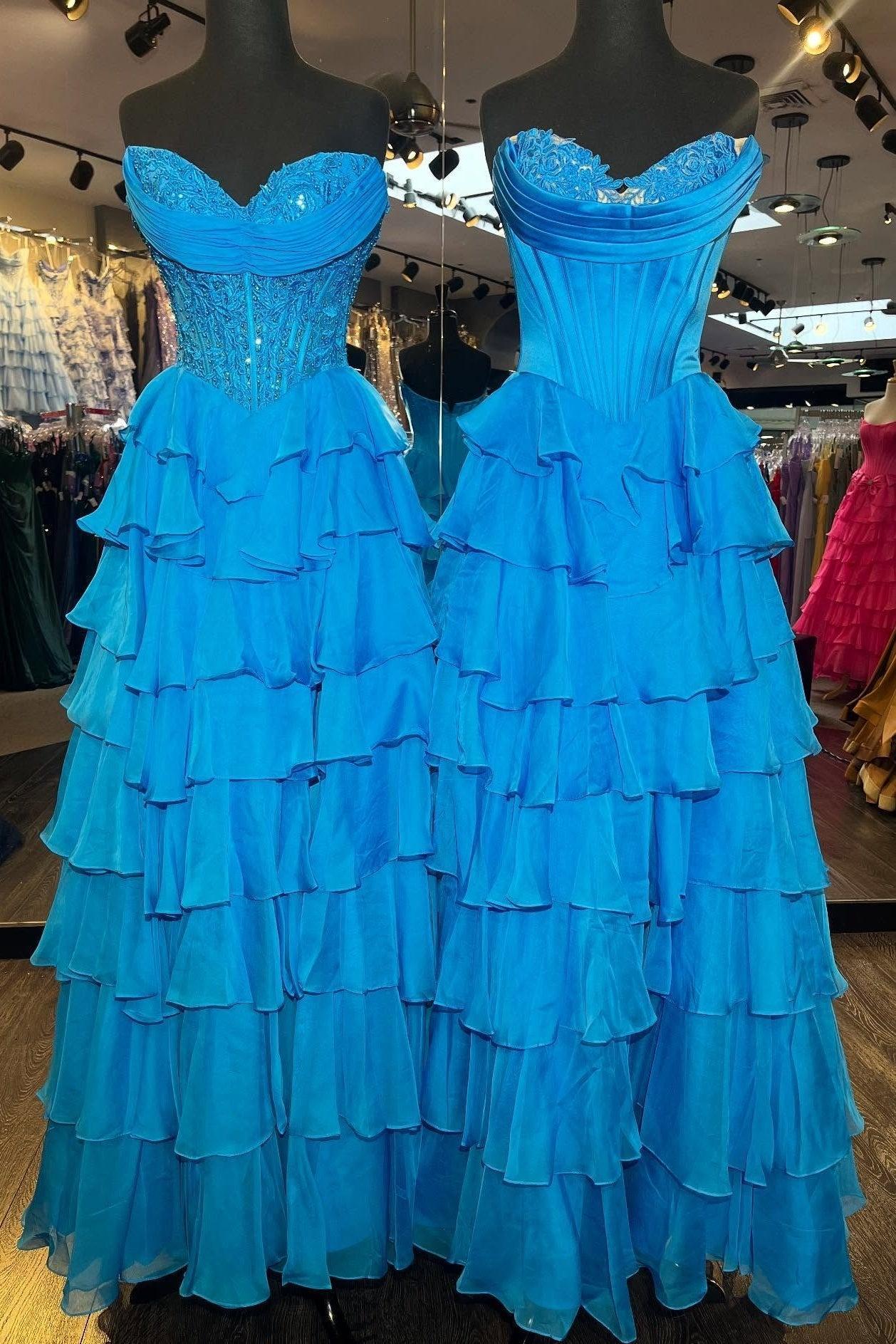 Dressystars Layered Ruffle A-Line Prom Dress With Embellished Lace Bodice And Leg Slit Formal Evening Gown