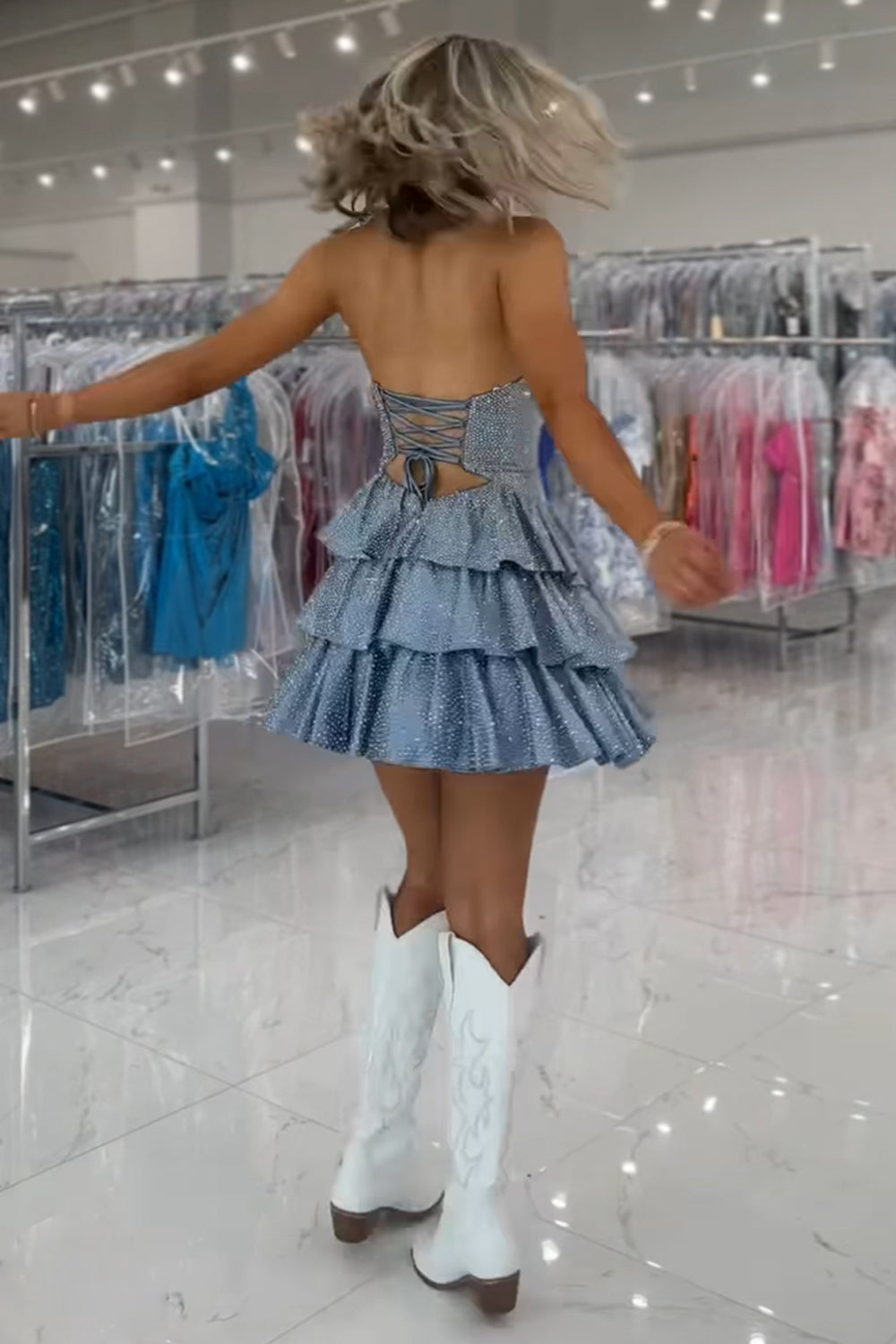 Light Blue A Line Homecoming Dresses Tiered Short Cocktail Dresses With Beading