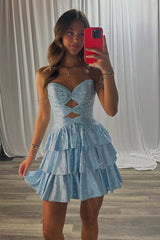Light Blue A Line Homecoming Dresses Tiered Short Cocktail Dresses With Beading