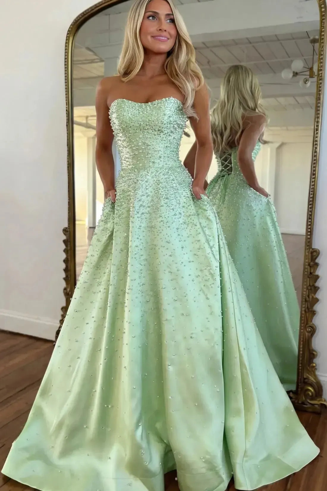 Pink Strapless Satin Prom Dress A Line Formal Evening Gown with Beadings