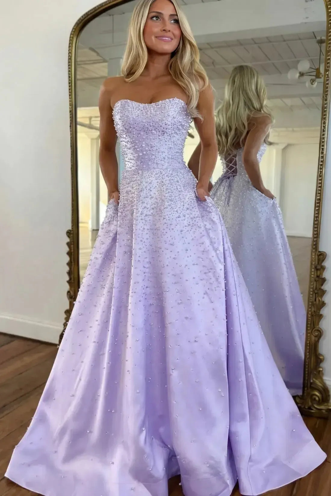 Pink Strapless Satin Prom Dress A Line Formal Evening Gown with Beadings