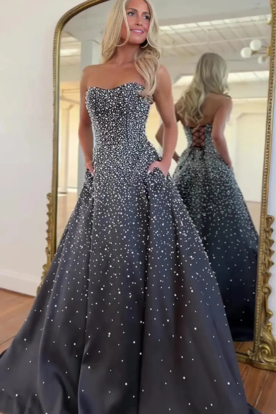 Pink Strapless Satin Prom Dress A Line Formal Evening Gown with Beadings
