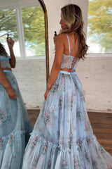 Light Blue Floral Two-Piece Prom Dress With Lace Crop Top & Tiered Tulle Skirt Formal Evening Gown