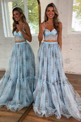 Light Blue Floral Two-Piece Prom Dress With Lace Crop Top & Tiered Tulle Skirt Formal Evening Gown