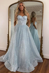 Light Blue Glitter Floor-Length Gown With Spaghetti Straps Prom Dress Formal Evening Gown
