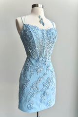 Light Blue Homecoming Dress Spaghetti Straps Tight Corset Prom Dress with Appliques