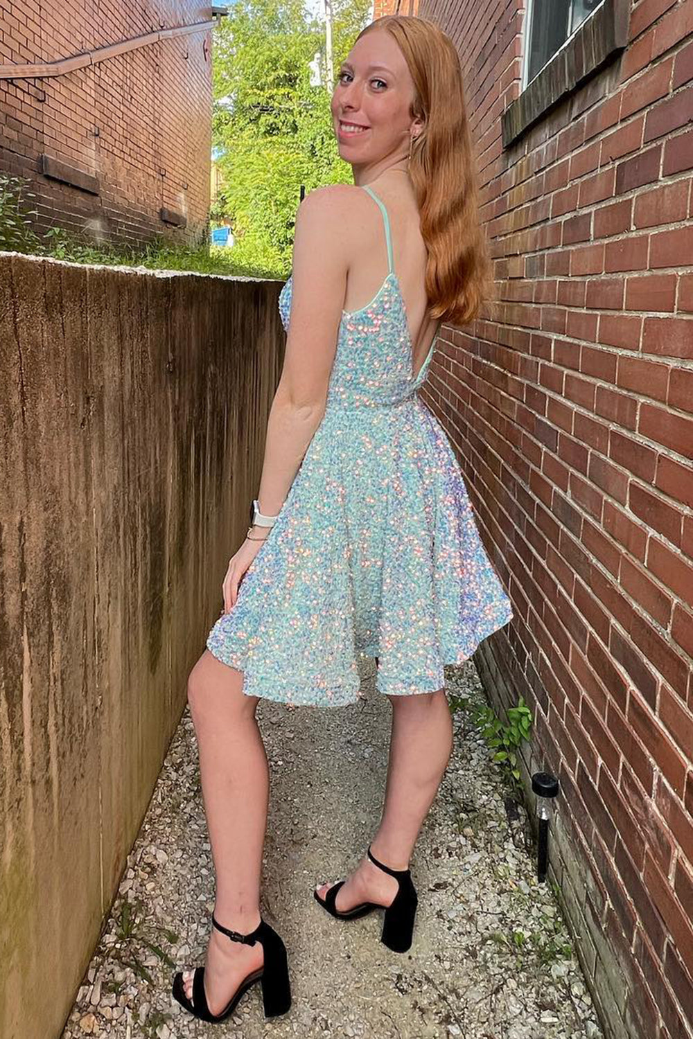Light Blue Homecoming Dresses A-Line Backless Sequin Cocktail Dresses
