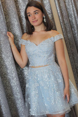 Light Blue Homecoming Dresses Lace A-Line Cut Out Short Cocktail Dresses