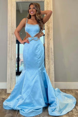 Mermaid Prom Dress Spaghetti Straps Long Evening Dress with Bow
