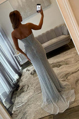 Dressystars Luxurious Mermaid Strapless Light Blue Corset Prom Dress With Pearls Split Front Formal Evening Gown