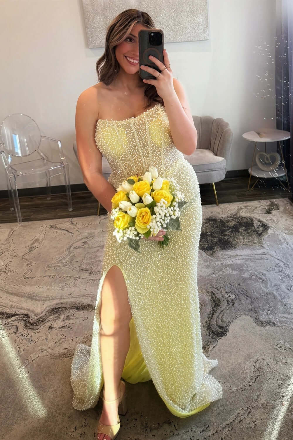 Dressystars Luxurious Mermaid Strapless Light Blue Corset Prom Dress With Pearls Split Front Formal Evening Gown