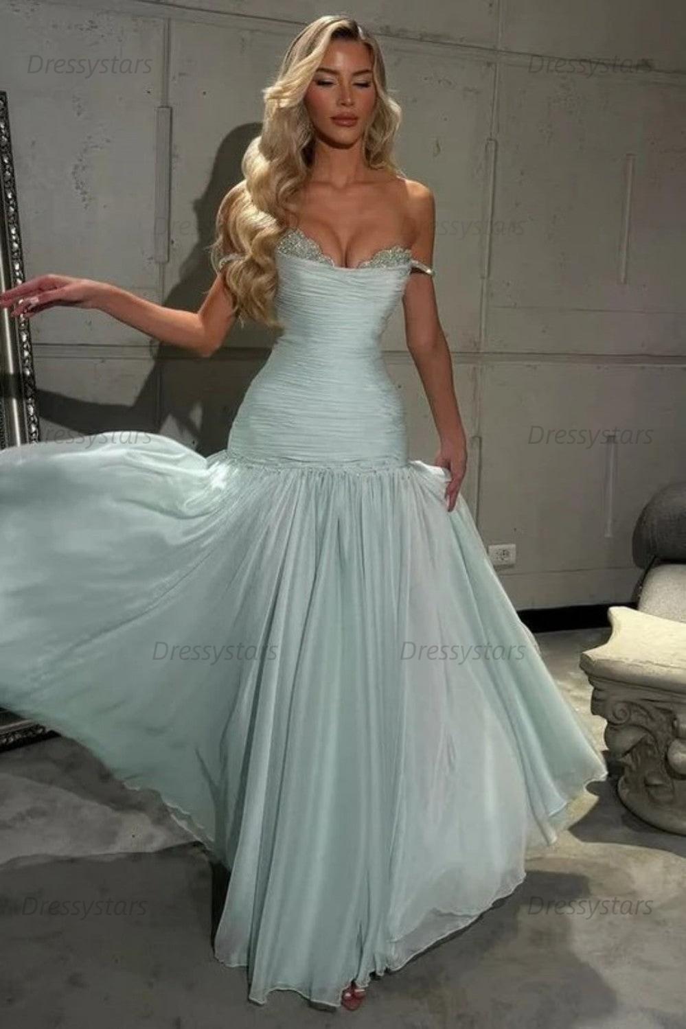 Mint Green Off The Shoulder Prom Dress A Line Formal Evening Gown