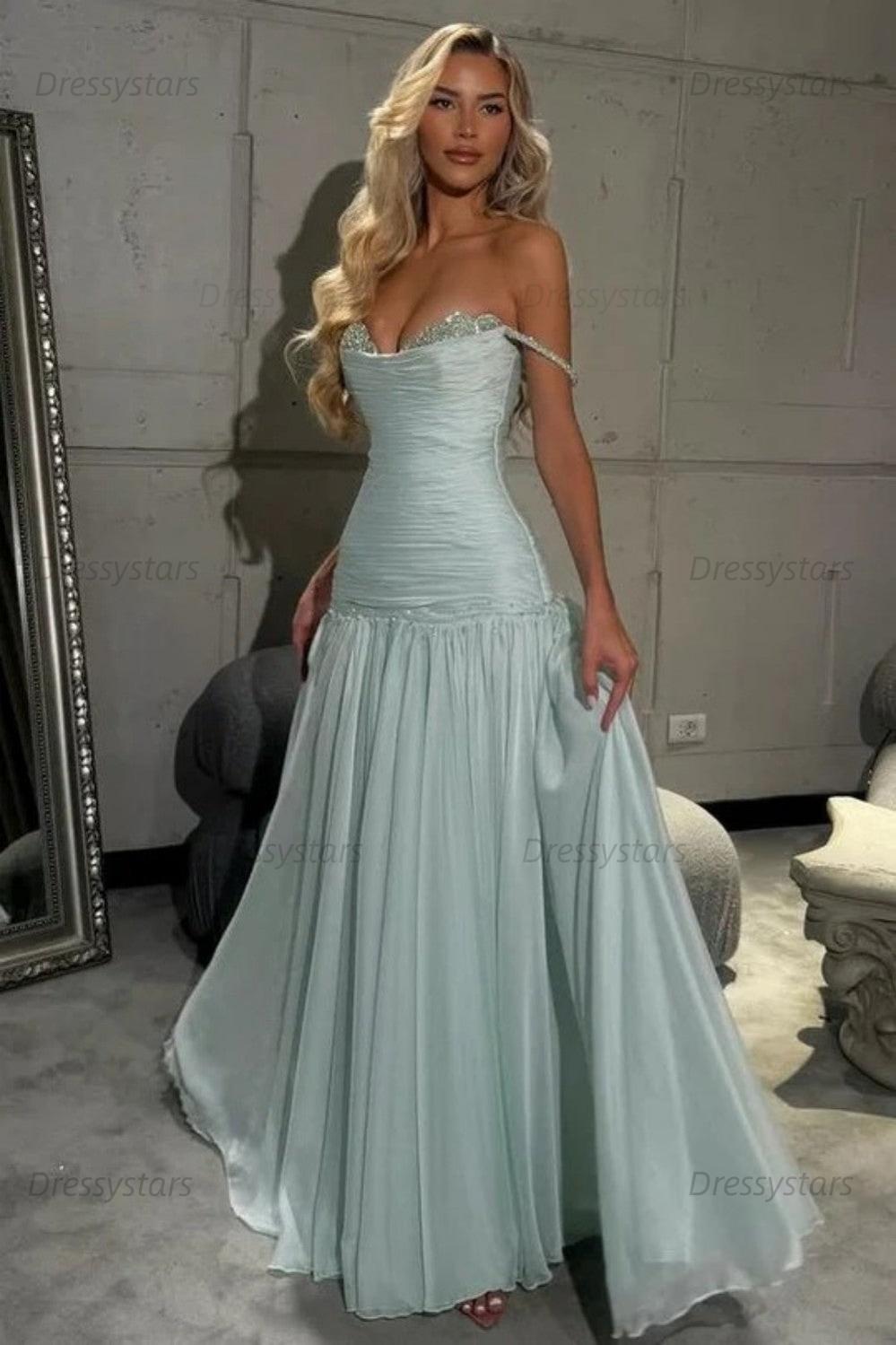 Mint Green Off The Shoulder Prom Dress A Line Formal Evening Gown