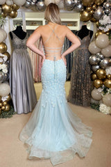 Light Blue Prom Dress Floral Delicate Appliques V Neck Party Cocktail Dress