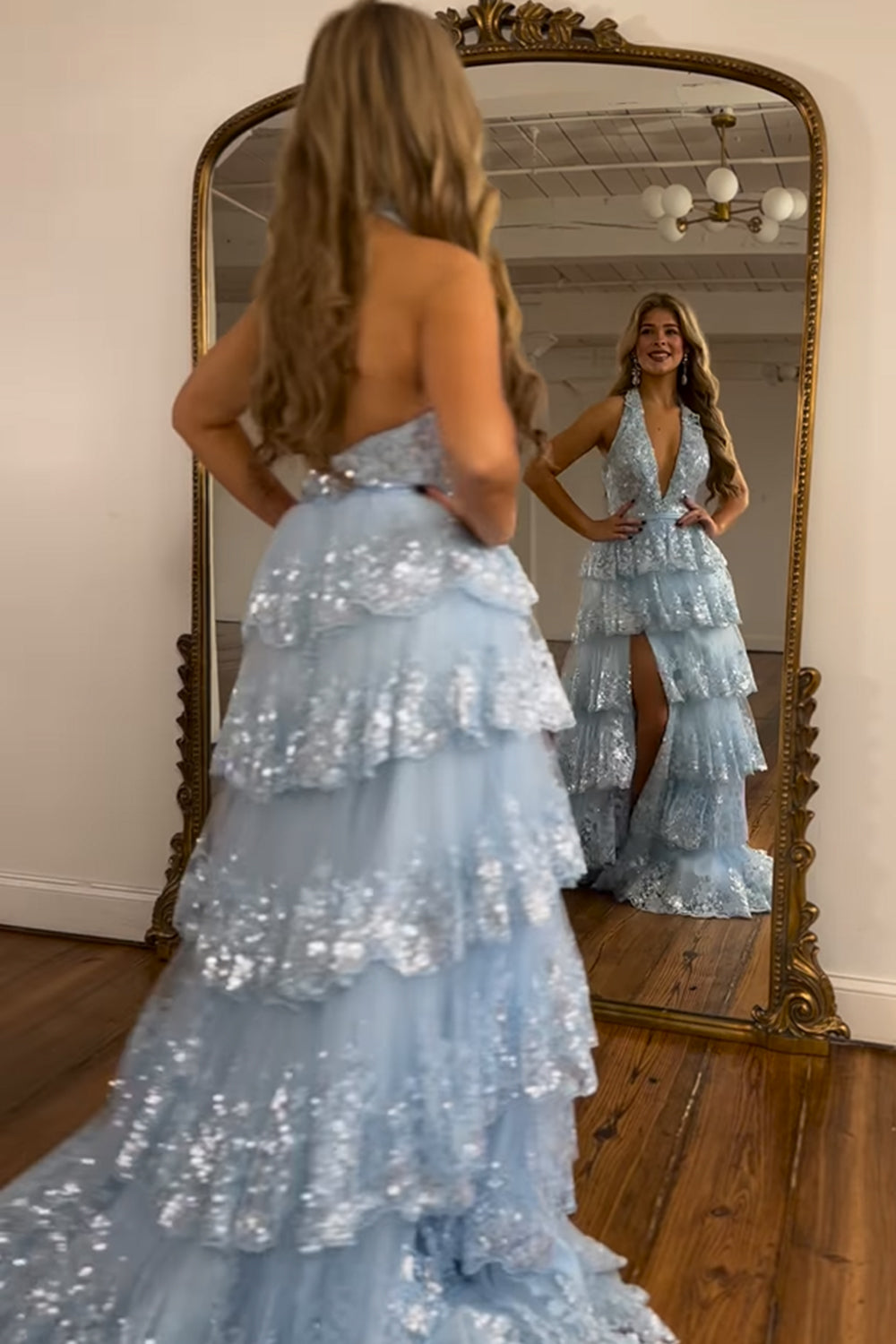Light Blue Prom Dress Halter Backless Lace Tiered Long Evening Dress with Slit